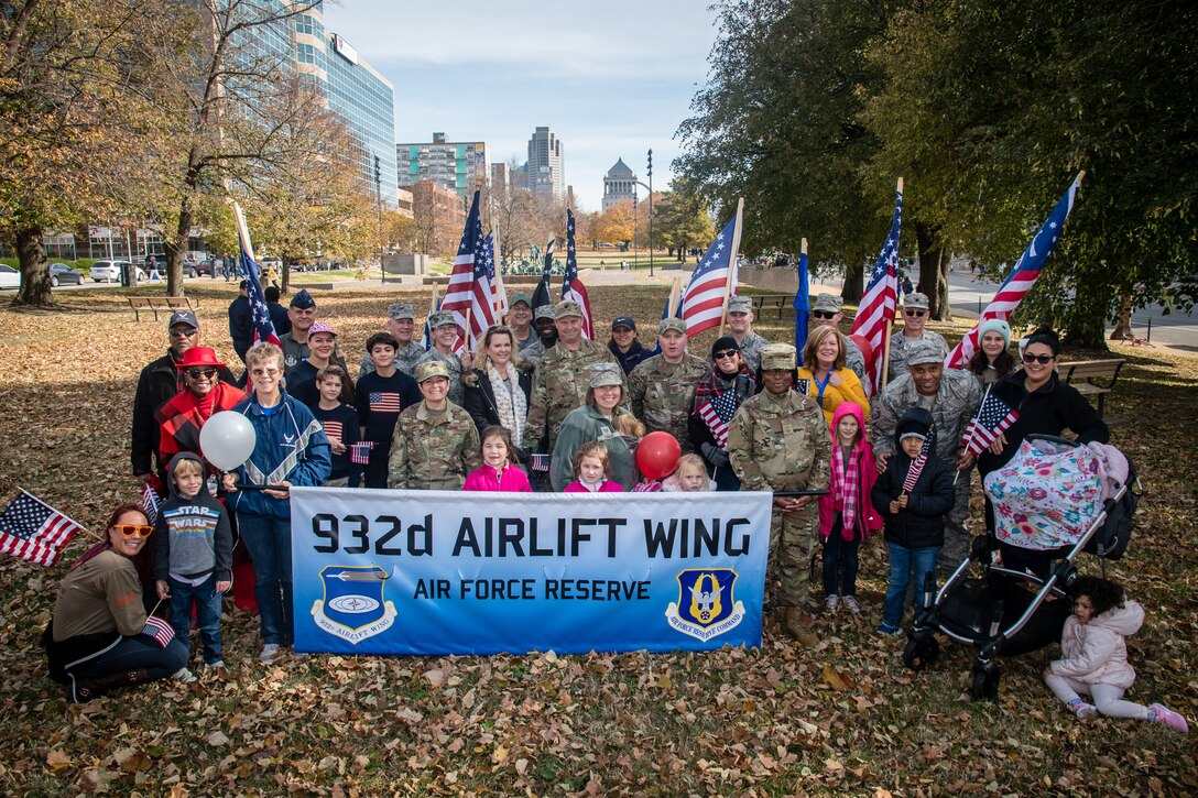 U.S Air Force Reserve Command Citizen Airmen from the 932nd Airlift Wing joined with family and friends to honor all Veterans at the St. Louis Veterans Day Parade, downtown St. Louis, Missouri, Nov. 9, 2019.(U.S. Air Force photo by Christopher Parr)