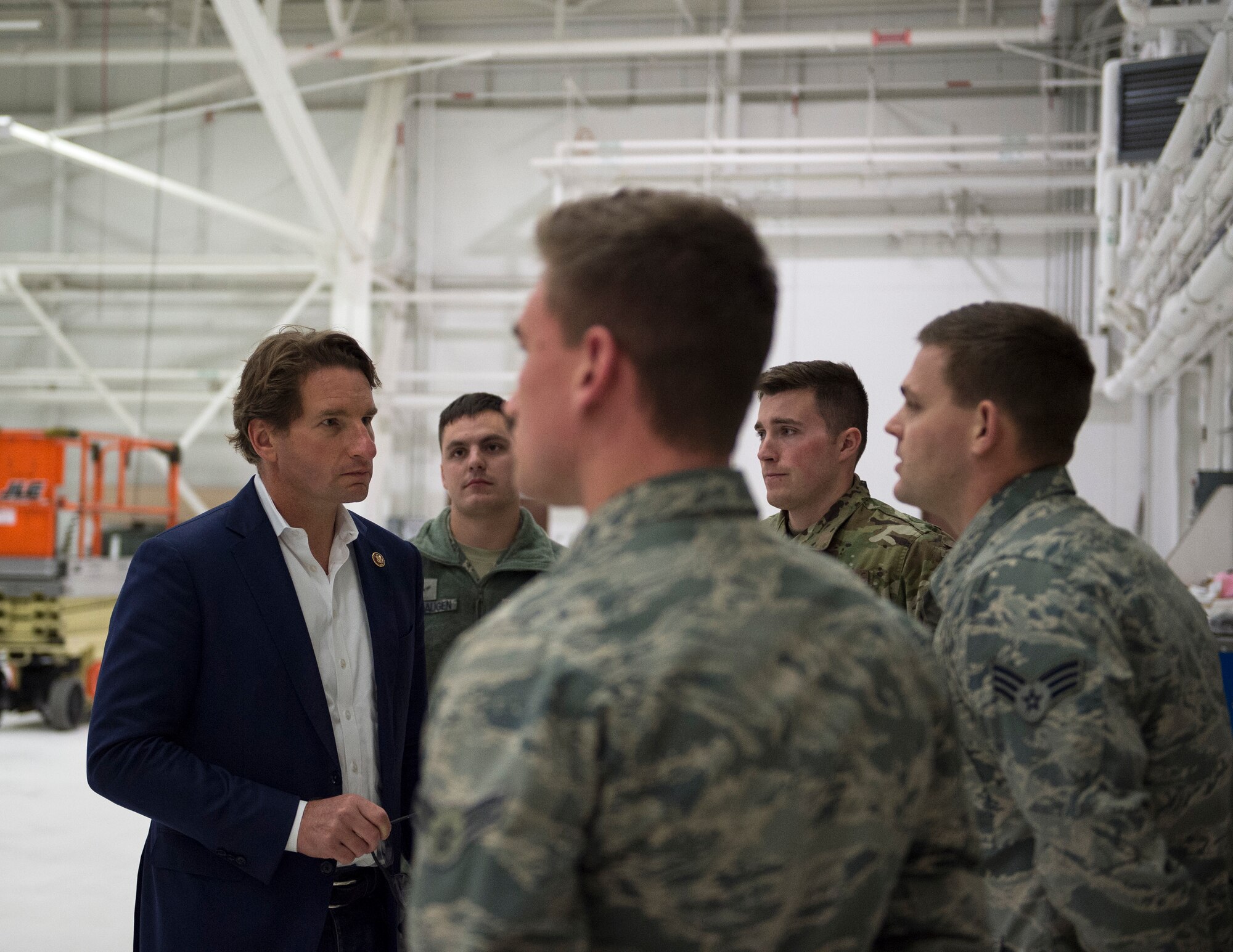 U.S. Rep. Dean Phillips of Minnesota’s third district, visits with Airmen from the 133rd Maintenance Group in St. Paul, Minn. Nov. 6, 2019.