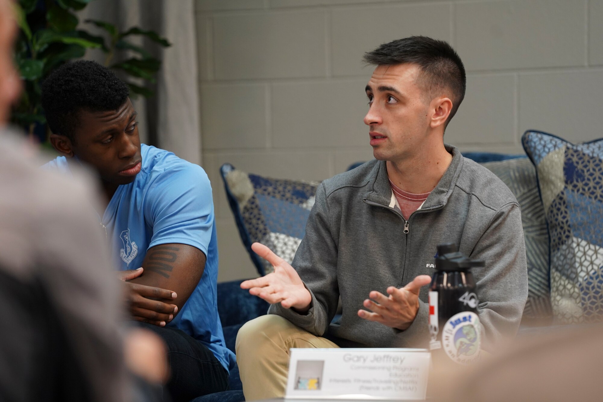 U.S. Air Force Airman 1st Class Jamell Neal, 81st Medical Diagnostic Operation Squadron lab technician, and Staff Sgt. Gary Jeffery, Medical Support Squadron storage and distribution NCO in charge, converse during the first Leaders Influencing Together event inside the Larcher Chapel at Keesler Air Force Base, Mississippi, November 8, 2019.  The LIFT program pairs young and experienced Airmen together to build on various skills to improve the quality of their career. (U.S. Air Force photo by Airman 1st Class Spencer Tobler)