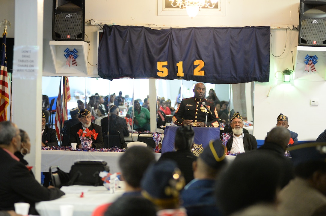 One day after celebrating the Marine Corps’ 244th birthday, a few Marines from Marine Corps Logistics Base Albany celebrated Veterans Day with the local community, Nov. 11.

Sgt. Maj. Jeffrey Young, sergeant major, MCLB Albany, was the guest speaker at the American Legion Post 512.  He told the near-capacity crowd that he was honored to be given the opportunity to share his perspective on the importance of the day.