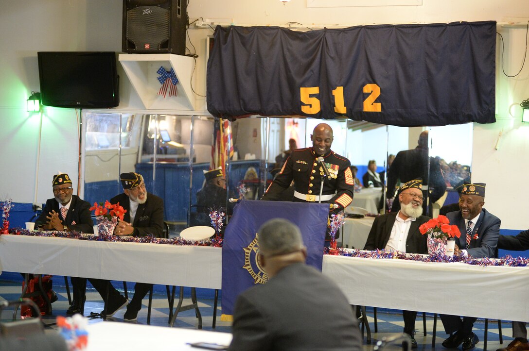 One day after celebrating the Marine Corps’ 244th birthday, a few Marines from Marine Corps Logistics Base Albany celebrated Veterans Day with the local community, Nov. 11.

Sgt. Maj. Jeffrey Young, sergeant major, MCLB Albany, was the guest speaker at the American Legion Post 512.  He told the near-capacity crowd that he was honored to be given the opportunity to share his perspective on the importance of the day.