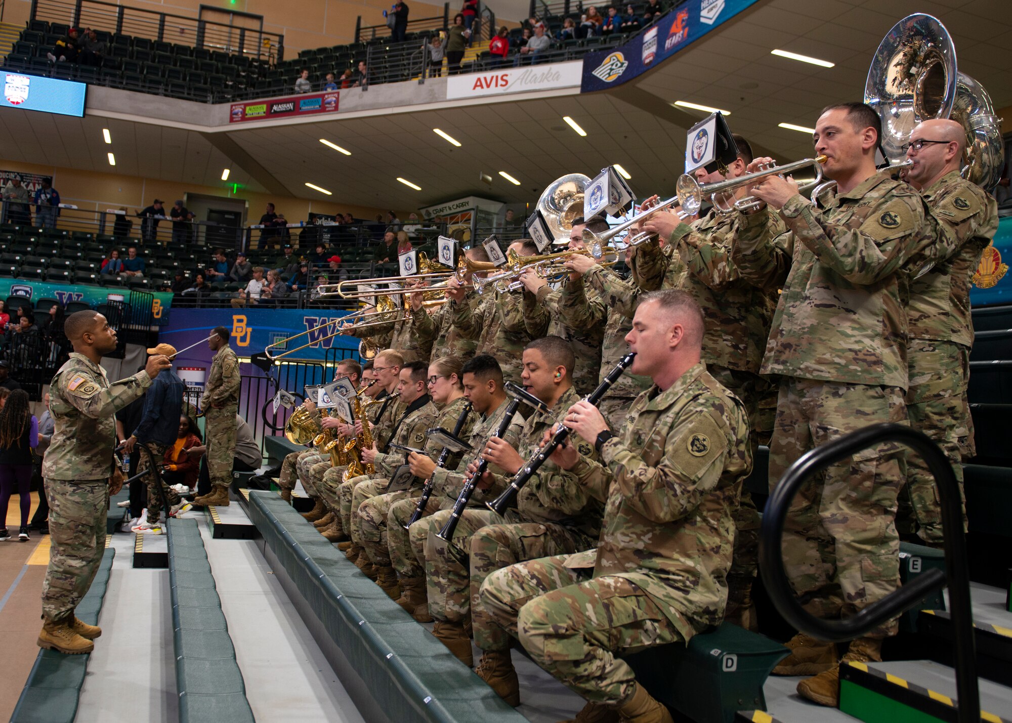The 9th Army Band performs before the ninth annual Armed Forces Classic at the Alaska Airlines Center in Anchorage, Alaska, Nov. 8, 2019. ESPN hosted the event in partnership with Joint Base Elmendorf-Richardson, Alaska. Every year, the Armed Forces Classic travels to a new military location around the world. The Marine Corps will host the 2020 Armed Forces Classic at Camp Lejeune, North Carolina.