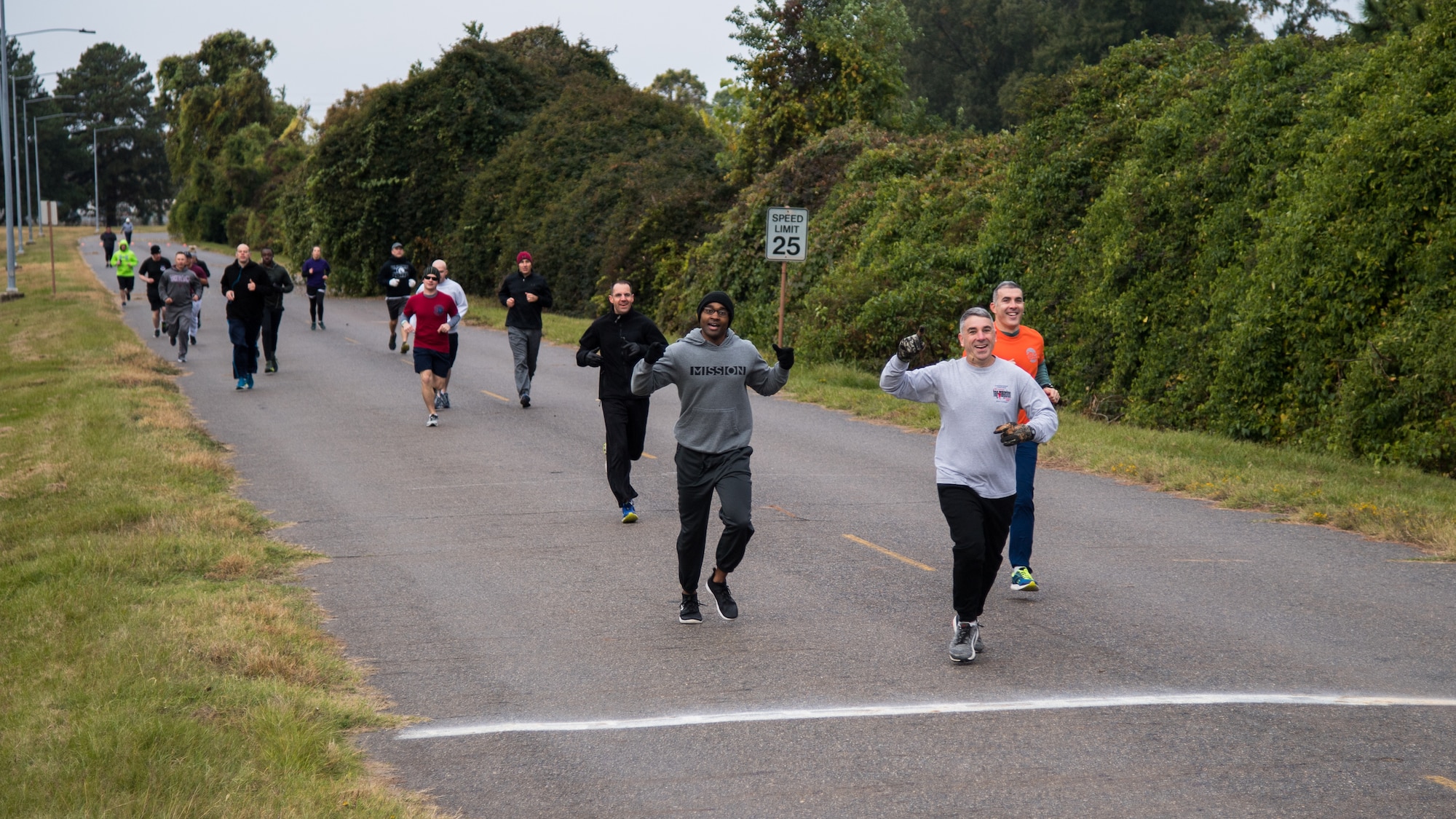 Airmen from the 608th Air Operations Center participate in 5k run as a part of their unit's resiliency sports day at Barksdale Air Force Base, La., Nov. 8, 2019.