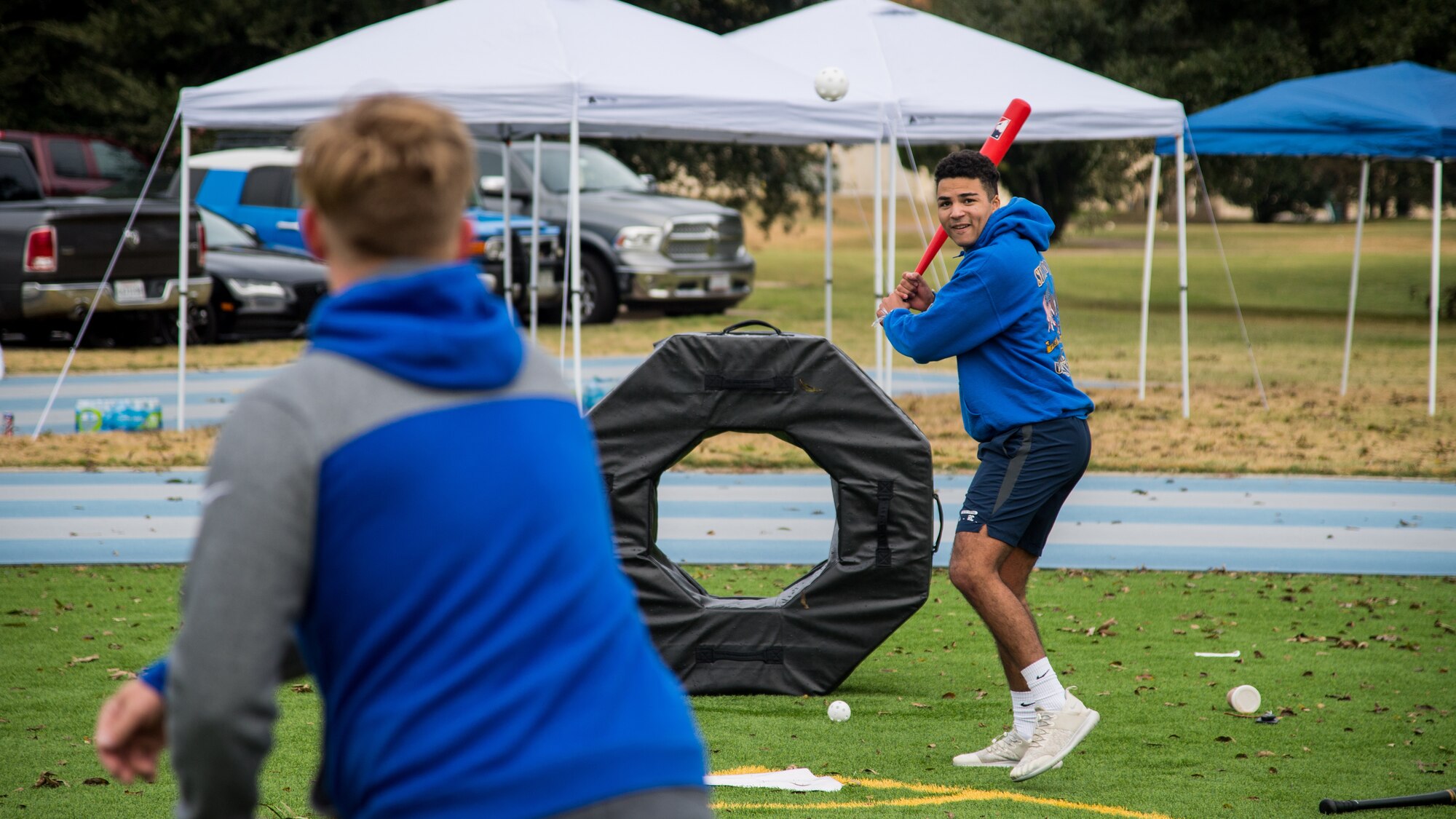 Airmen from the 608th Air Operations Center play a game of wiffle ball during their unit's resiliency sports day at Barksdale Air Force Base, La., Nov. 8, 2019.