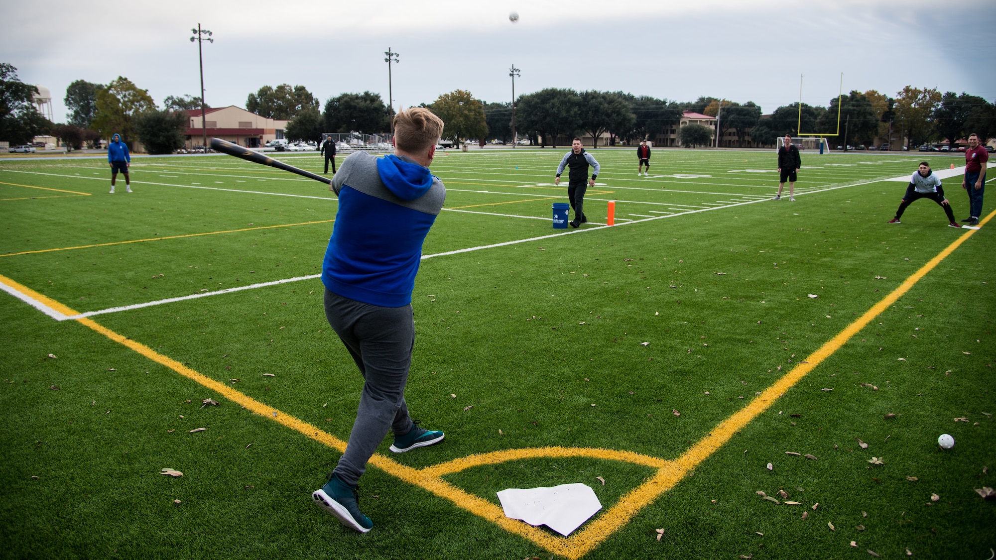 Airmen from the 608th Air Operations Center play a game of wiffle ball during their unit's resiliency sports day at Barksdale Air Force Base, La., Nov. 8, 2019.