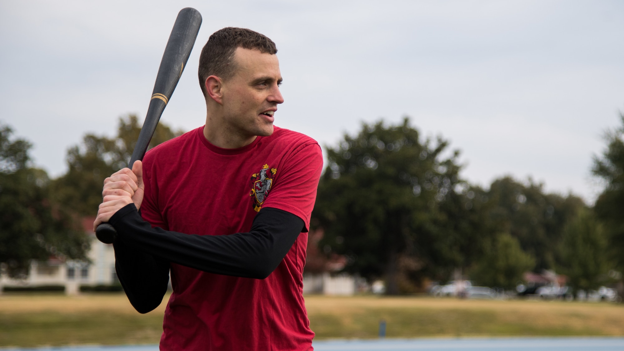 An Airmen from the 608th Air Operations Center plays a game of wiffle ball during their unit's resiliency sports day at Barksdale Air Force Base, La., Nov. 8, 2019. The sports day allowed Airmen to better get to know each other by interacting in a more casual atmosphere. (U.S. Air Force photo by Airman 1st Class Jacob B. Wrightsman)