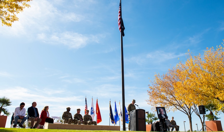 U.S. Army Staff Sgt. Brian O’Callaghan, Mike O’Callaghan’s grandson, gives his remarks during a ceremony celebrating the Mike O’Callaghan Military Medical Center’s 25th Anniversary at Nellis Air Force Base, Nevada, Nov. 12, 2019. O’Callaghan told multiple personal stories about moments he and his grandfather had shared together during his speech. (U.S. Air Force photo by Senior Airman Kevin Tanenbaum)