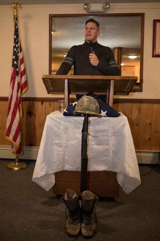 U.S. Army Maj. Gen. Peter Andrysiak, U.S. Army Alaska commander, gives a speech at the Eagle River VFW, Alaska, Nov. 9, 2019. The purpose of the event was to honor those who served in the military. Soldiers from the 9th Army Band and culinary specialist from the 626th Quartermaster Field Feeding Company volunteered to support the ceremony. Soldiers from the 626th Quartermaster have volunteered more than 100 hours to the Eagle River VFW.