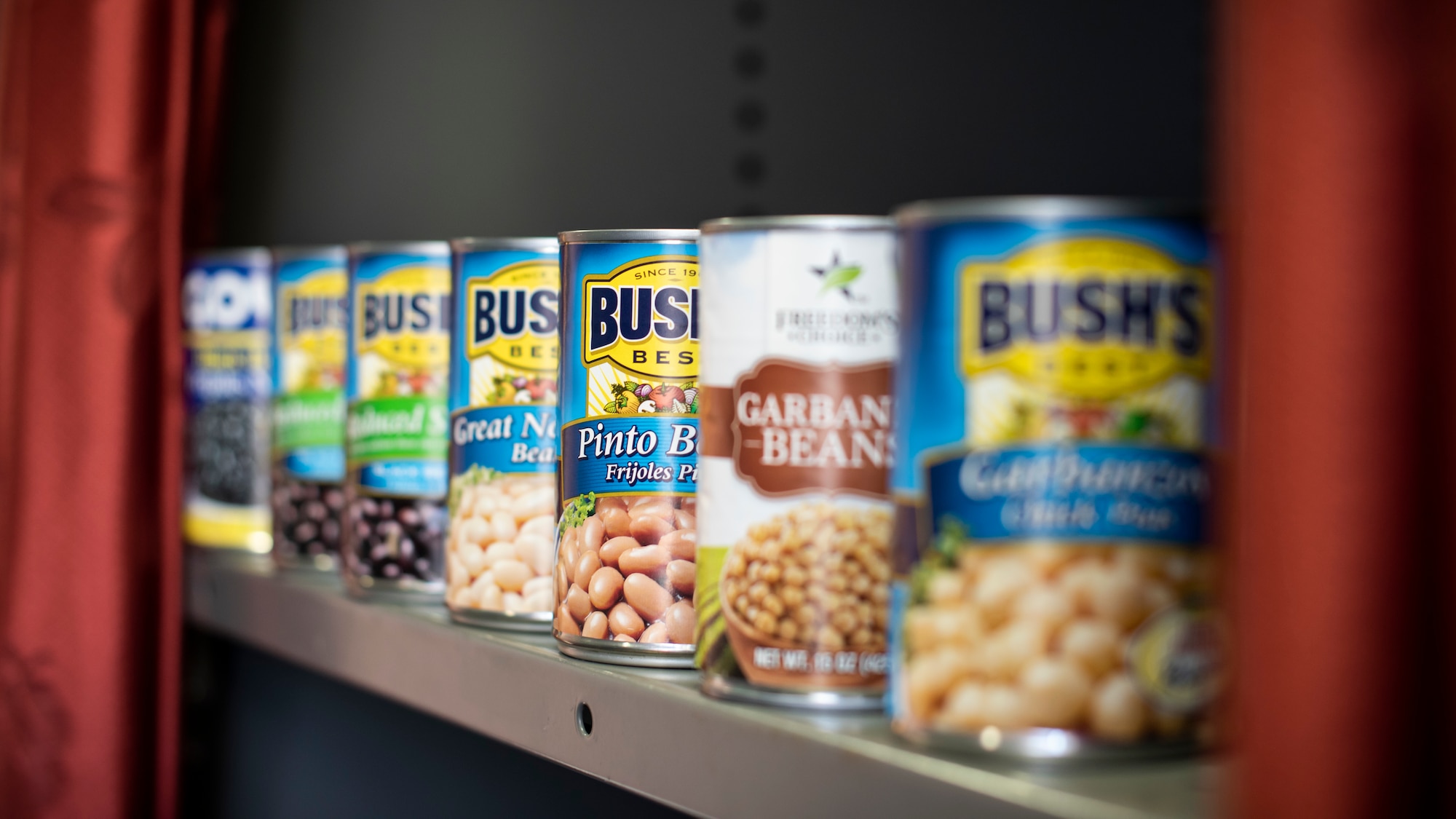 A line of canned goods sits on a shelf at the 35th Fighter Wing Pantry at Misawa Air Base, Japan, Nov. 1, 2019. The food pantry aids in community cohesion, while also providing convenient goods needed for base personnel’s readiness and sustainability. (U.S. Air Force photo by Airman 1st Class China M. Shock)