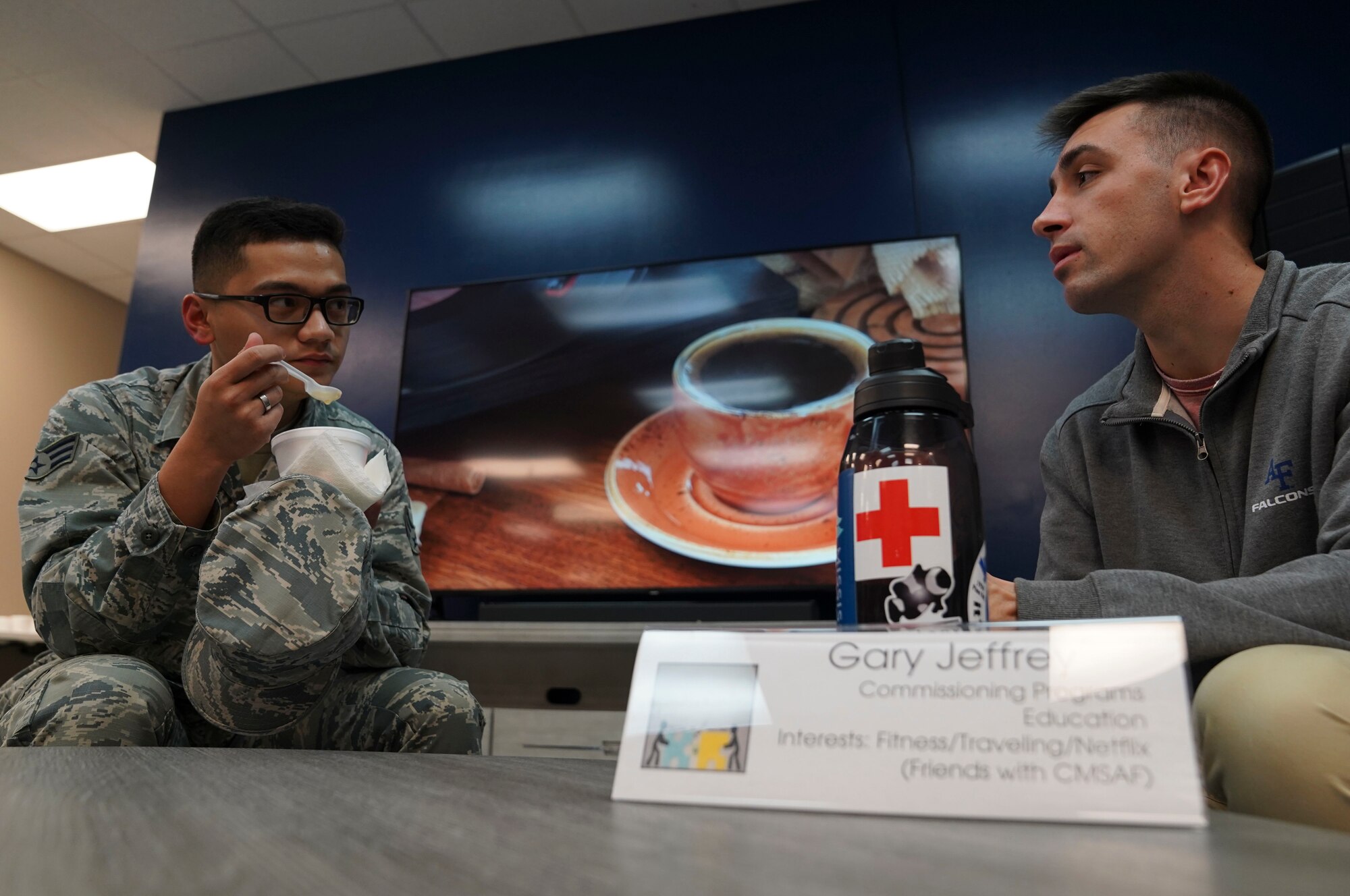 U.S. Air Force Senior Airman John Mabida, 81st Contract Squadron contract specialist, and Staff Sgt. Gary Jeffery, Medical Support Squadron storage and distribution non-commissioned officer in charge, converse during the first Leaders Influencing Together event inside the Larcher Chapel at Keesler Air Force Base, Mississippi, November 8, 2019.  The LIFT program pairs young and experienced Airmen together to build on various skills to improve the quality of their career. (U.S. Air Force photo by Airman 1st Class Spencer Tobler)