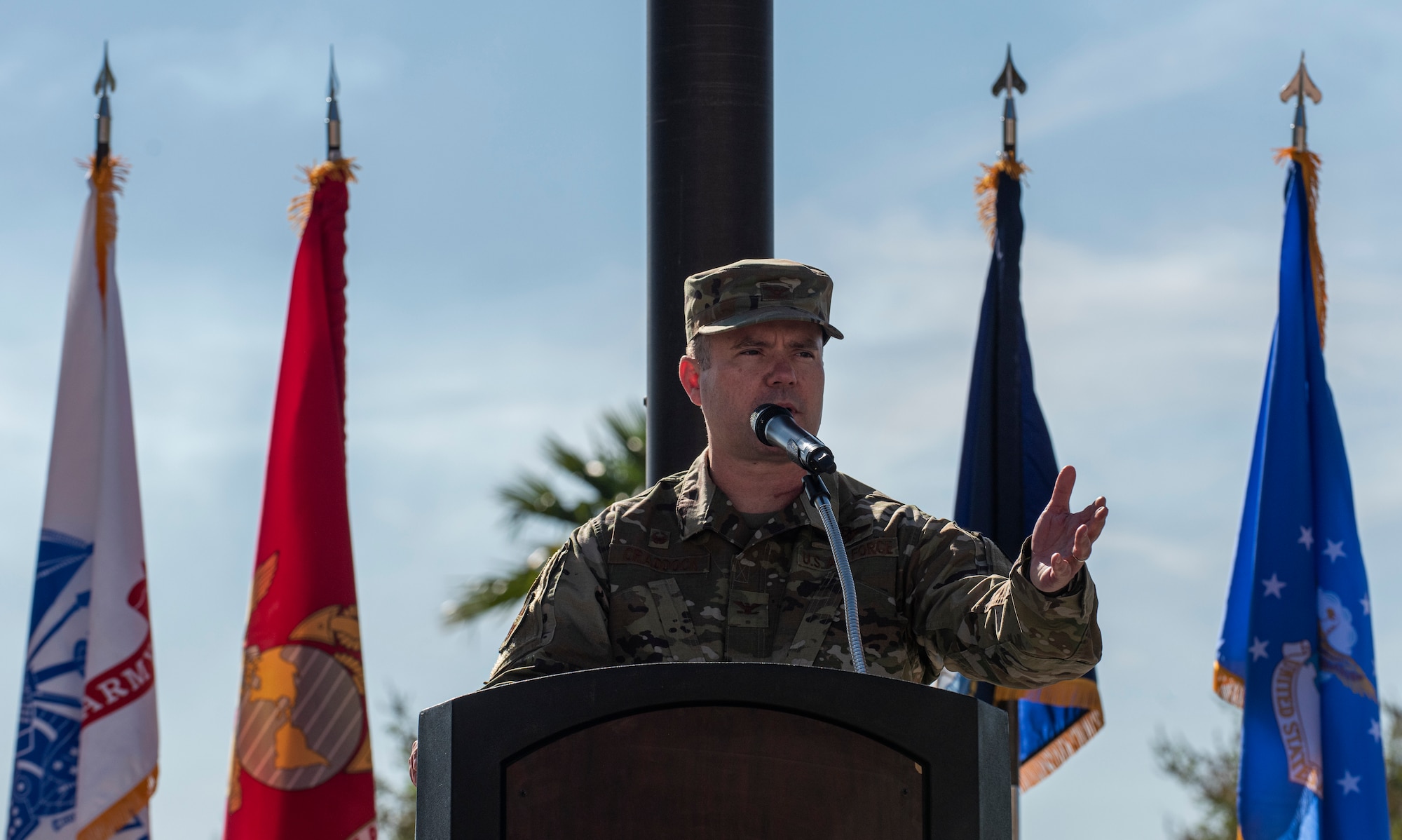 Col. Cavan Craddock, 99th Air Base Wing commander, speaks during a ceremony celebrating the Mike O’Callaghan Military Medical Center’s 25th Anniversary at Nellis Air Force Base, Nevada, Nov. 12, 2019. The event served to not only commemorate O’Callaghan, but also as an official groundbreaking ceremony for a new wing of the hospital. (U.S. Air Force photo by Senior Airman Kevin Tanenbaum)