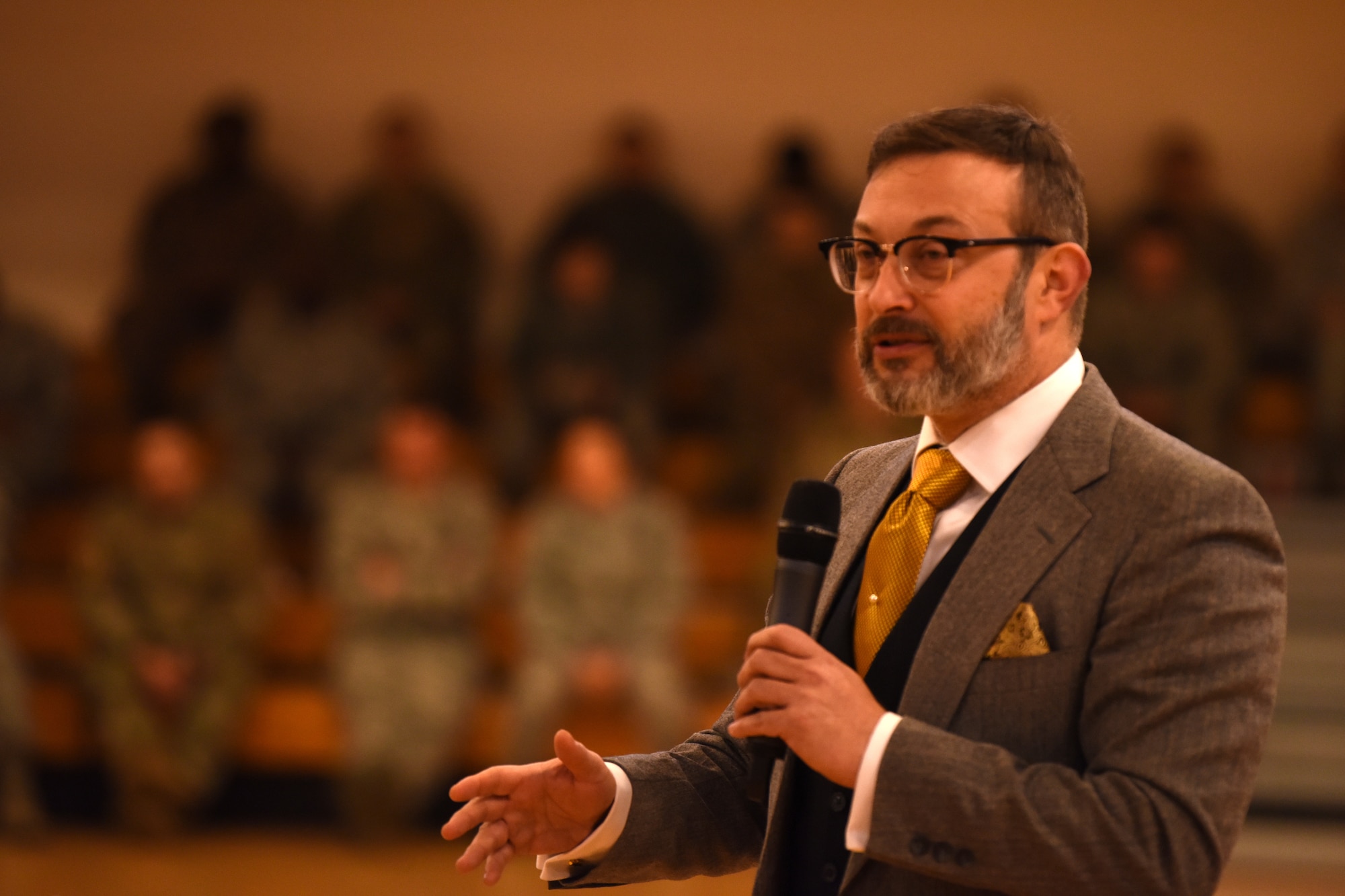 Josh Hudson, 48th Fighter Wing violence prevention integrator, speaks to Airmen during a Resilience Tactical Pause at RAF Mildenhall, England, Nov. 7, 2019. The 100th Air Refueling Wing hosted a second RTP Nov. 7 - 8 which included two guest speakers, an overview of base helping agencies and various small unit discussions. (U.S. Air Force photo by Senior Airman Brandon Esau)