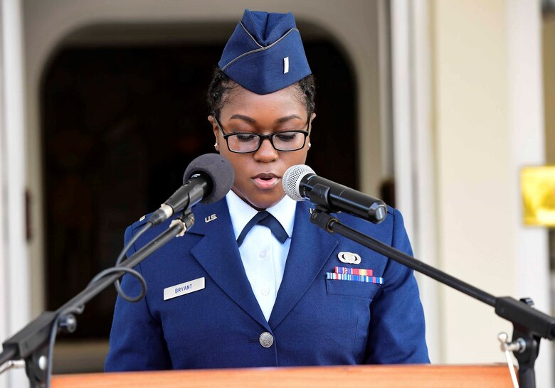 1st Lt. Kaila Bryant, 39th Air Base Wing Public Affairs Officer, delivers a speech during the Ataturk Memorial Day Ceremony Nov. 10, 2019, at Incirlik Air Base, Turkey. Bryant highlighted Ataturk’s distinguished accomplishments that led to the rebirth of the Turkish nation.