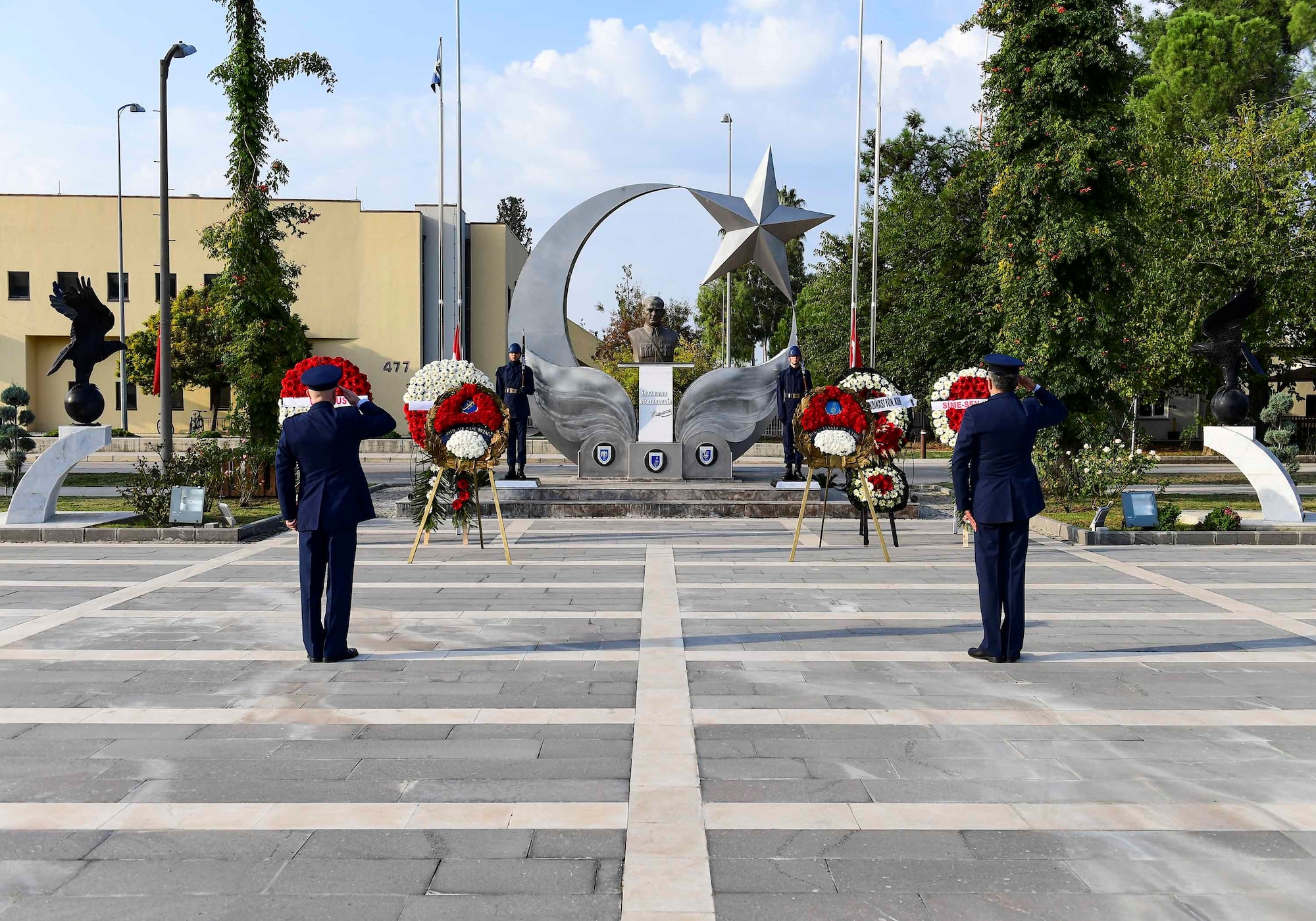 U.S. Air Force Col. Sean McNamara, 39th Medical Group commander and the vice commander of the 10th Tanker Base stand in formation during the Ataturk Memorial Day Ceremony Nov. 10, 2019, at Incirlik Air Base, Turkey. The ceremony brought members from across the base together to honor Ataturk, the founder and first president of modern Turkey.