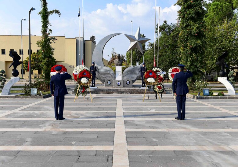 U.S. Air Force Col. Sean McNamara, 39th Medical Group commander and the vice commander of the 10th Tanker Base stand in formation during the Ataturk Memorial Day Ceremony Nov. 10, 2019, at Incirlik Air Base, Turkey. The ceremony brought members from across the base together to honor Ataturk, the founder and first president of modern Turkey.