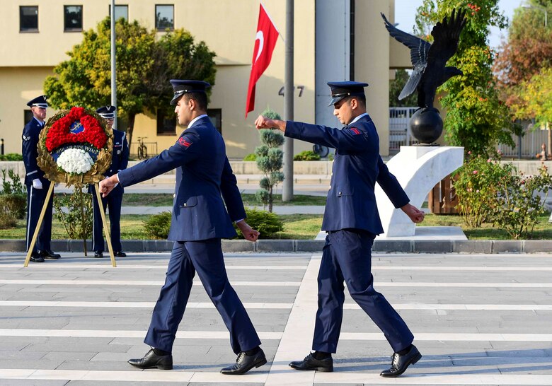 Members of the Turkish air force perform a ceremonial march during the Ataturk Memorial Day Ceremony Nov. 10, 2019, at Incirlik Air Base, Turkey. Ataturk is recognized throughout the Turkish culture as a military hero for his efforts that led to the defeat of the English armada at Gallipoli.