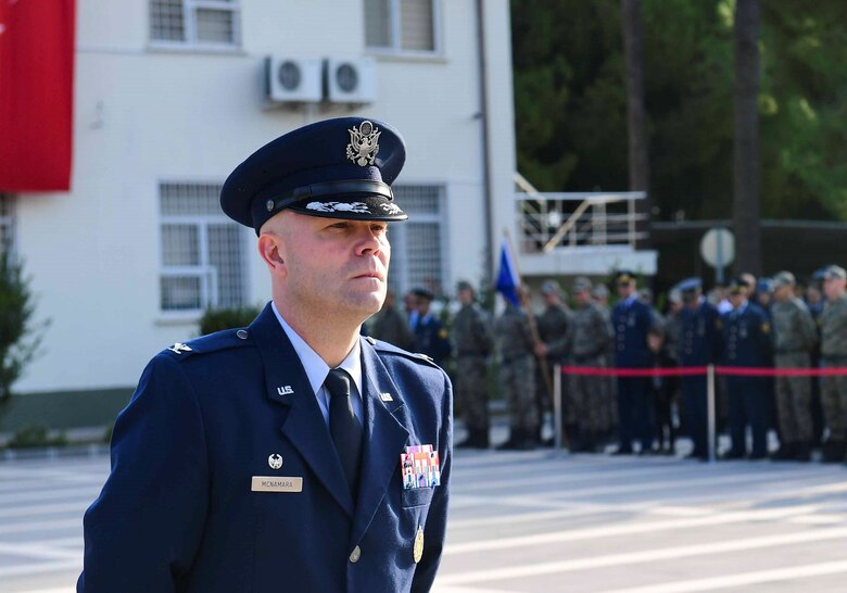 U.S. Air Force Col. Sean McNamara, 39th Medical Group commander, stands in formation during the Ataturk Memorial Day Ceremony Nov. 10, 2019, at Incirlik Air Base, Turkey. During the day of remembrance, the entire country pauses for two minutes at 9:05 a.m., the moment Ataturk passed.