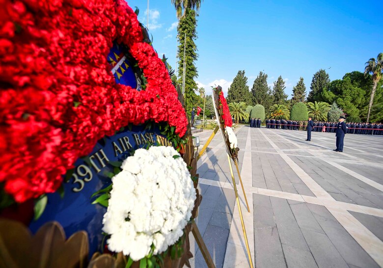 U.S. Air Force Col. Sean McNamara, 39th Medical Group Commander and the vice commander of the 10th Tanker Base stand in formation during the Ataturk Memorial Day Ceremony Nov. 10, 2019, at Incirlik Air Base, Turkey. The ceremony brought members from across the base together to honor Mustafa Kemal Ataturk, the founder and first president of modern Turkey.