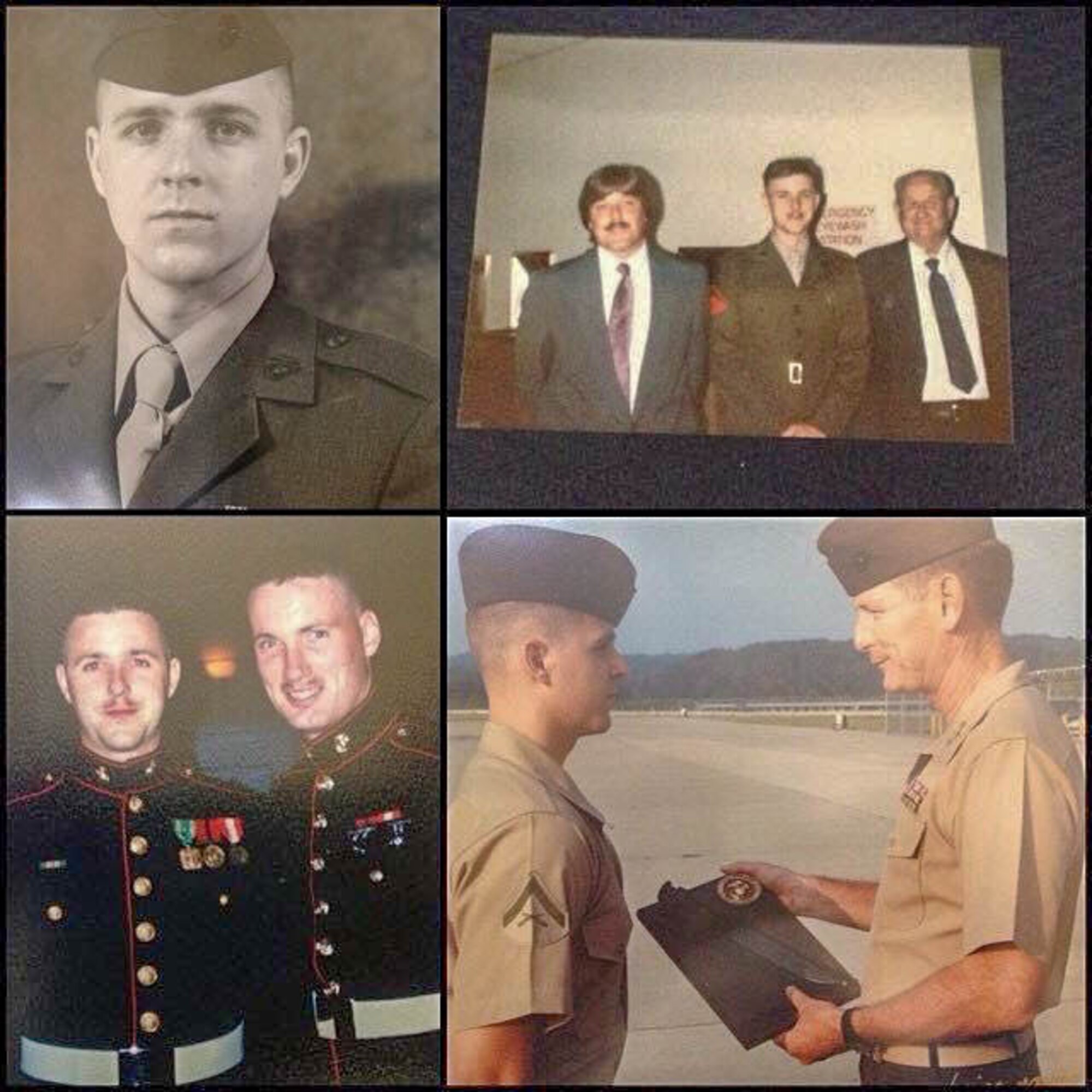 A photo collage of U.S. Air Force Maj. Kerry Lyon, 94th Operations Support Squadron deputy chief of wing intelligence, displays moments during his early career in the U.S. Marine Corps. Lyon recently marked 30 years of military service during Exercise Real Thaw 2019. Real Thaw is a Portuguese-led large joint and combined force exercise held annually where Dobbins supports many of the aerial functions of the exercise. (Courtesy Photo)