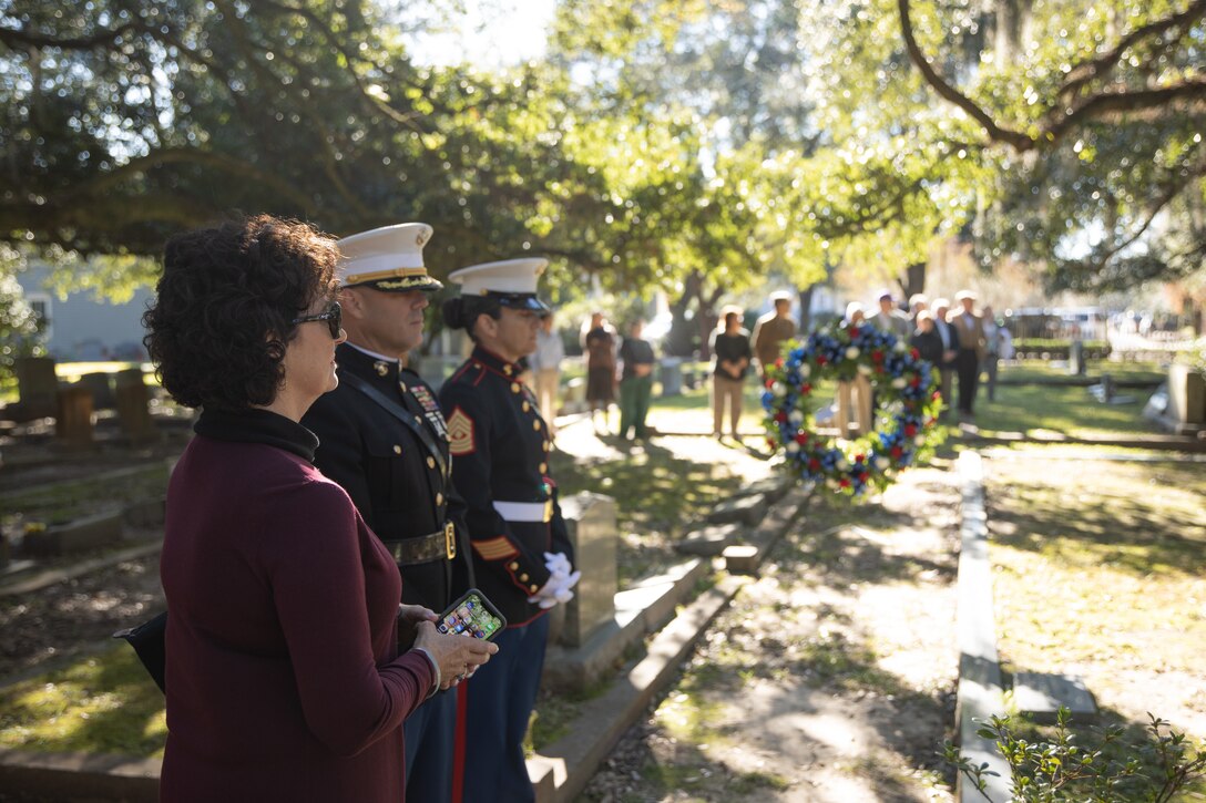 Barbara Kanegaye, the 27th Commandant’s daughter, Col. Walker Field, Chief of Staff of Marine Forces Reserve, and 1st Sergeant Sigrid Rivera, company first sergeant, await the beginning of the wreath laying ceremony at Grace Episcopal Church, Saint Francisville, Louisiana, Nov. 10, 2019. Mrs. Kanegaye has attended the annual wreath laying ceremony at her father’s grave every year since his passing in 1983. (U.S. Marine Corps photo by Lance Cpl. Christopher England)