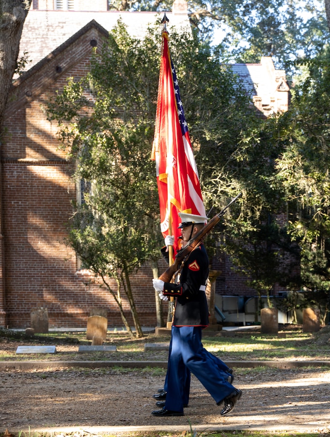 The color guard of Truck Company, 23rd Marine Regiment, 4th Marine Division, presents colors to be honored at a wreath laying ceremony at Grace Episcopal Church, Saint Francisville, Louisiana, Nov. 10, 2019. Robert Barrow, the 27th Commandant, was the first Commandant in Marine Corps history to be buried in his hometown. (U.S. Marine Corps photo by Lance Cpl. Christopher England)