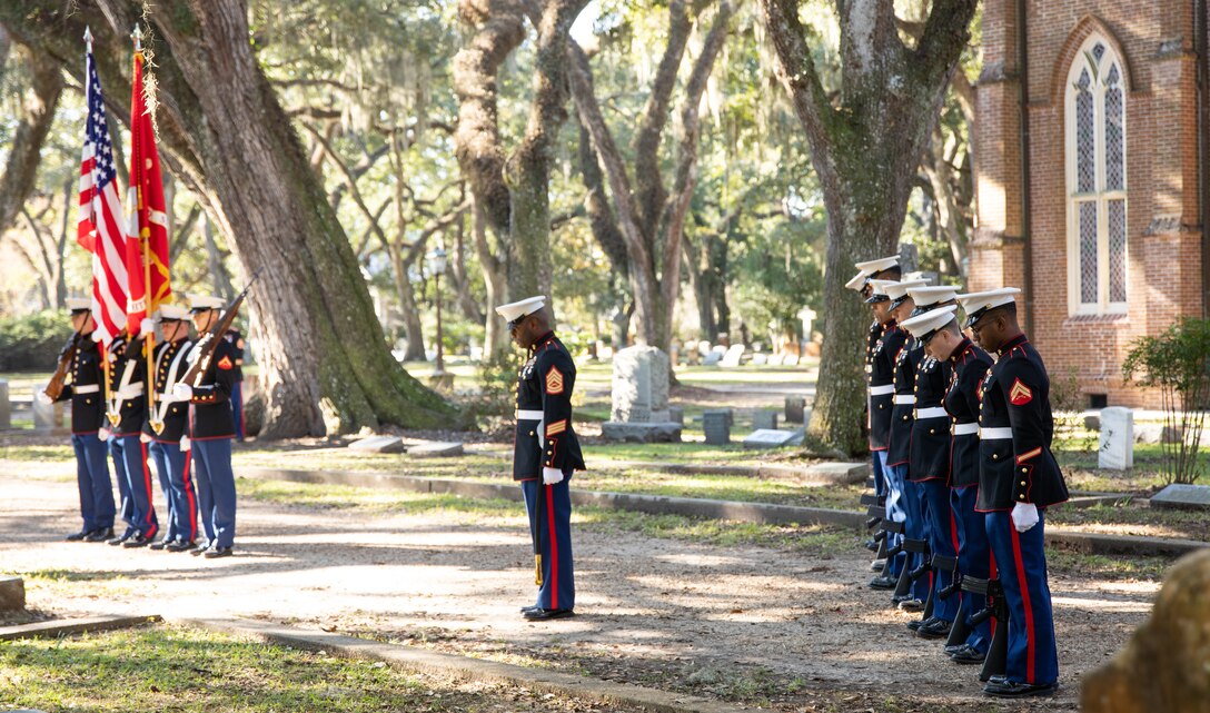 Truck Company, 23rd Marine Regiment, 4th Marine Division, bow their heads in prayer at a wreath laying ceremony for Robert Barrow at Grace Episcopal Church, Saint Francisville, Louisiana Nov. 10, 2019. Robert Barrow, the 27th Commandant, was the first Commandant in Marine Corps history to be buried in his hometown. (U.S. Marine Corps photo by Lance Cpl. Christopher England)