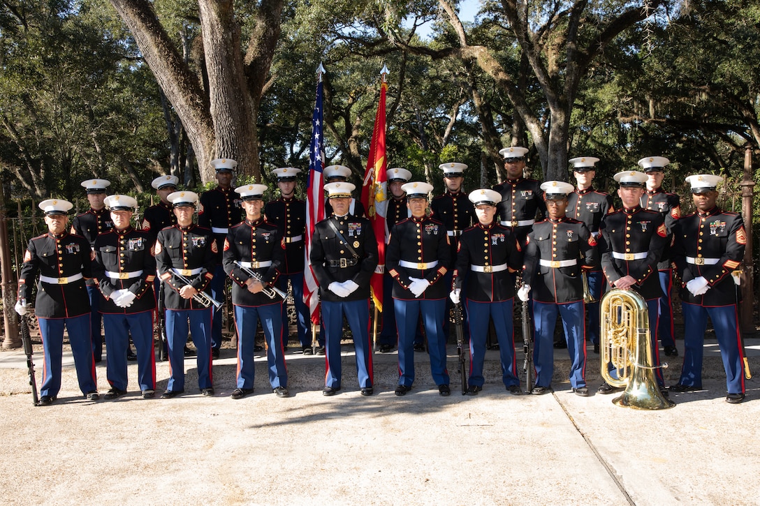 Truck Company, 23rd Marine Regiment, 4th Marine Division, poses for a group photo following a wreath laying ceremony at Grace Episcopal Church, Saint Francisville, Louisiana, Nov. 10, 2019. The Marines of Truck Company traveled 125 miles in order to carry out the ceremony. (U.S. Marine Corps photo by Lance Cpl. Christopher England)