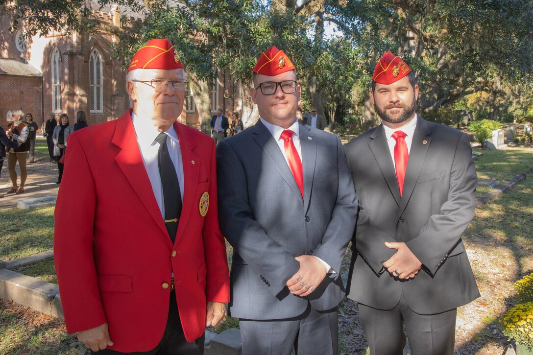 Three members of the Marine Corps League, Choctaw Detachment 778, Retired Staff Sgt. Mike Coon, Retired Lance Cpl. Connor Modena, and Retired Sgt. Lee Wade pose for a photo at a wreath laying ceremony at Grace Episcopal Church, Saint Francisville, Louisiana, Nov. 10, 2019. The Members of the Marine Corps League plan on establishing another detachment in Saint Francisville in 2020. (U.S. Marine Corps photo by Lance Cpl. Christopher England)