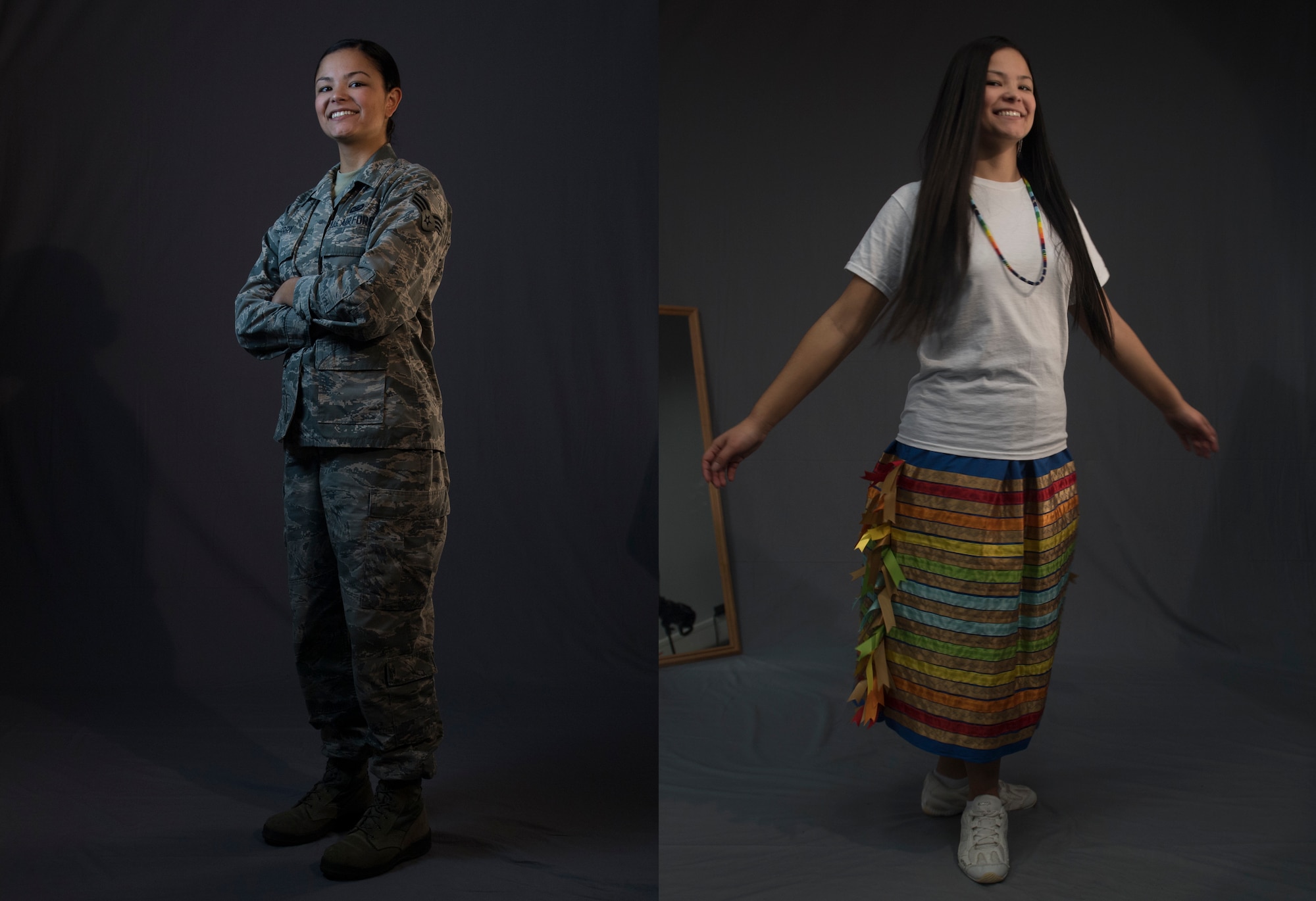 U.S. Air Force Senior Airman Kaylea Berry, 86th Airlift Wing Public Affairs broadcast journalist, is pictured in her military uniform, left, and her traditional Mvskoko (creek) Nation attire at Ramstein Air Base, Germany, Nov 8, 2019. Berry keeps a connection with her tribe by learning its language and history, and by reading about how current events affect her, her family, and her tribe.