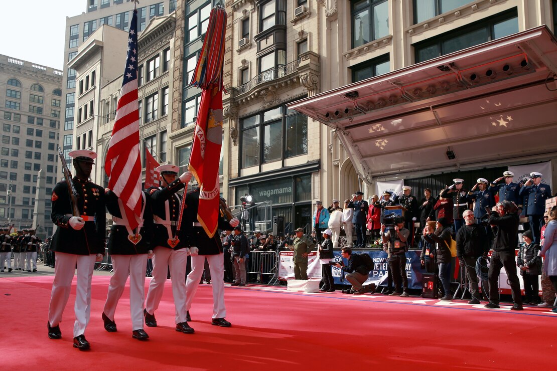 Marines with The U.S. Marine Corps Color Guard march during the 2019 Veteran’s Day Parade in New York, New York, Nov. 11, 2019. The Veteran’s Day Parade is hosted annually to commemorate the service and sacrifice of service members and their families.