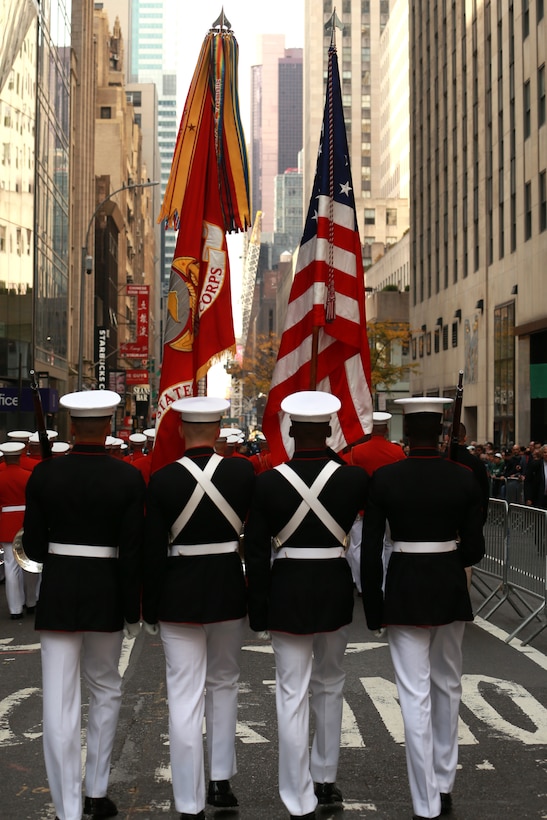 Marines with The U.S. Marine Corps Color Guard march during the 2019 Veteran’s Day Parade in New York, New York, Nov. 11, 2019. The Veteran’s Day Parade is hosted annually to commemorate the service and sacrifice of service members and their families.
