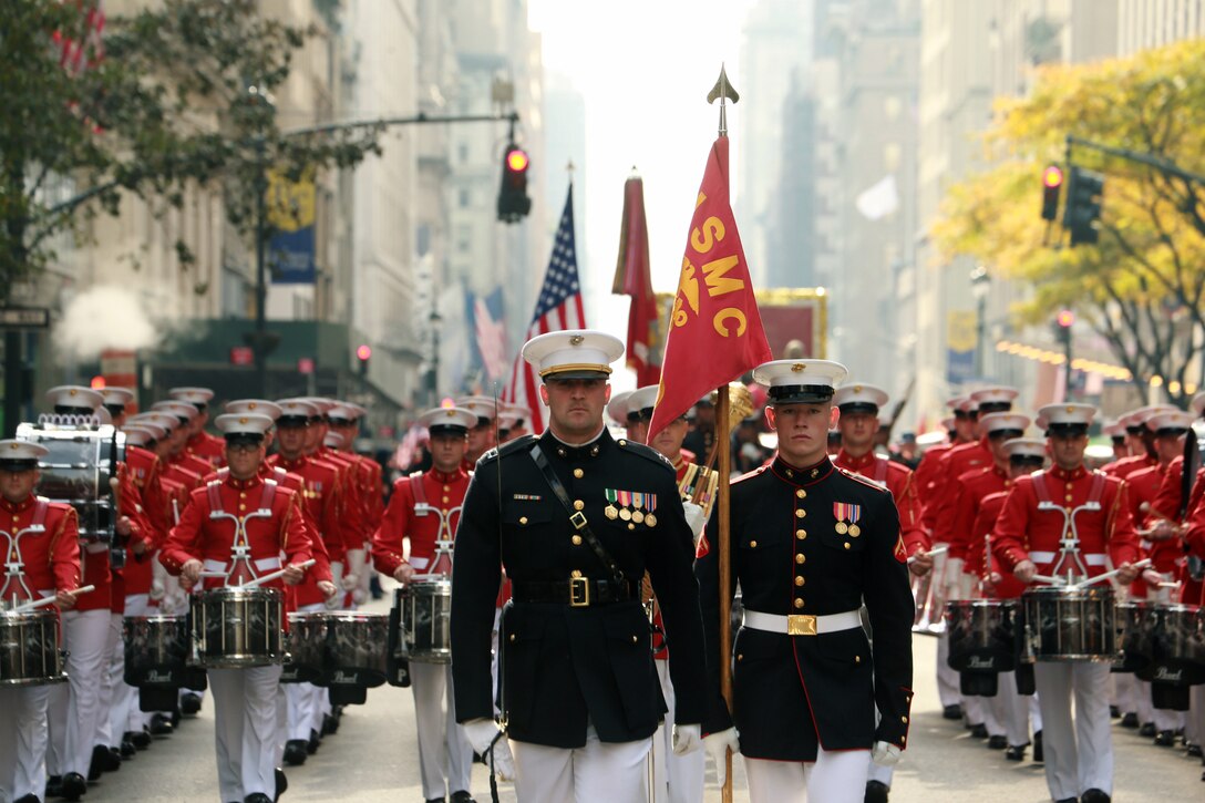 Marines with the Battle Color Detachment, Marine Barracks Washington, D.C., march during the 2019 Veteran’s Day Parade in New York, New York, Nov. 11, 2019. The Veteran’s Day Parade is hosted annually to commemorate the service and sacrifice of service members and their families.