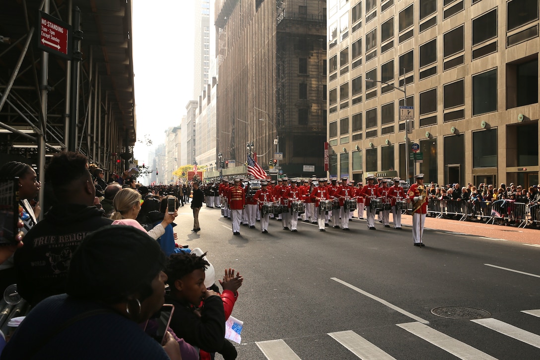 Marines with “The Commandant’s Own,” U.S. Marine Drum and Bugle Corps perform during the 2019 Veteran’s Day Parade in New York, New York, Nov. 11, 2019. The Veteran’s Day Parade is hosted annually to commemorate the service and sacrifice of service members and their families.