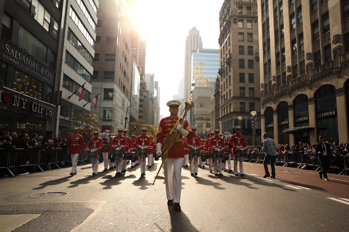 Master Gunnery Sgt. Keith Martinez, drum major, “The Commandant’s Own,” U.S. Marine Drum and Bugle Corps, marches during the 2019 Veteran’s Day Parade in New York, New York, Nov. 11, 2019. The Veteran’s Day Parade is hosted annually to commemorate the service and sacrifice of service members and their families.