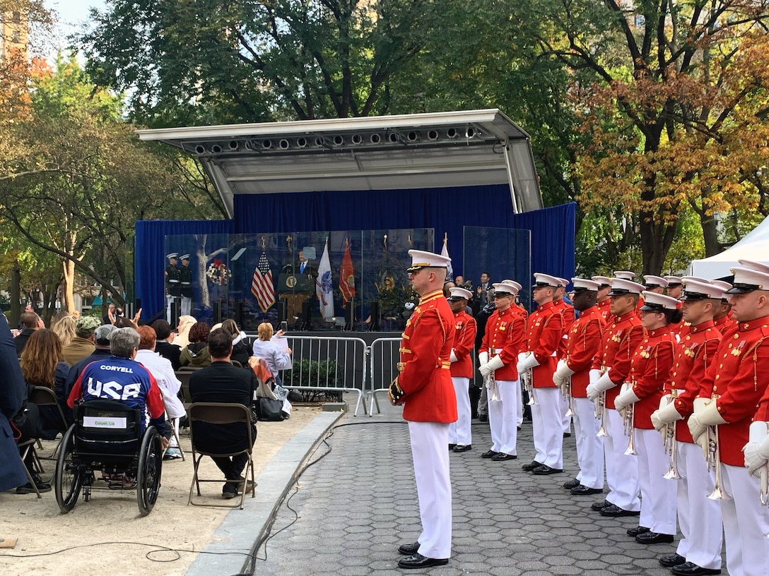 Marines with “The Commandant’s Own,” U.S. Marine Drum and Bugle Corps perform during the 2019 Veteran’s Day Parade in New York, New York, Nov. 11, 2019. The Veteran’s Day Parade is hosted annually to commemorate the service and sacrifice of service members and their families.