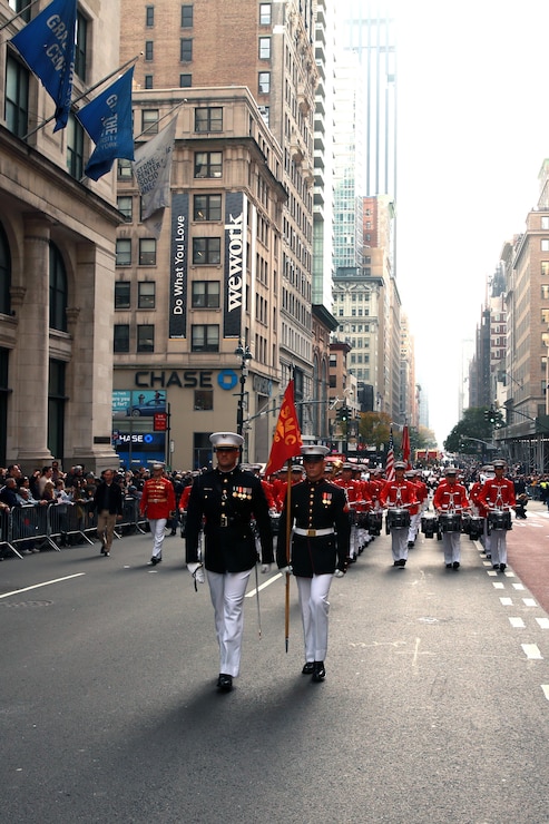 Marines with Marine Barracks Washington march during the 2019 Veteran’s Day Parade in New York, New York, Nov. 11, 2019. The Veteran’s Day Parade is hosted annually to commemorate the service and sacrifice of service members and their families.