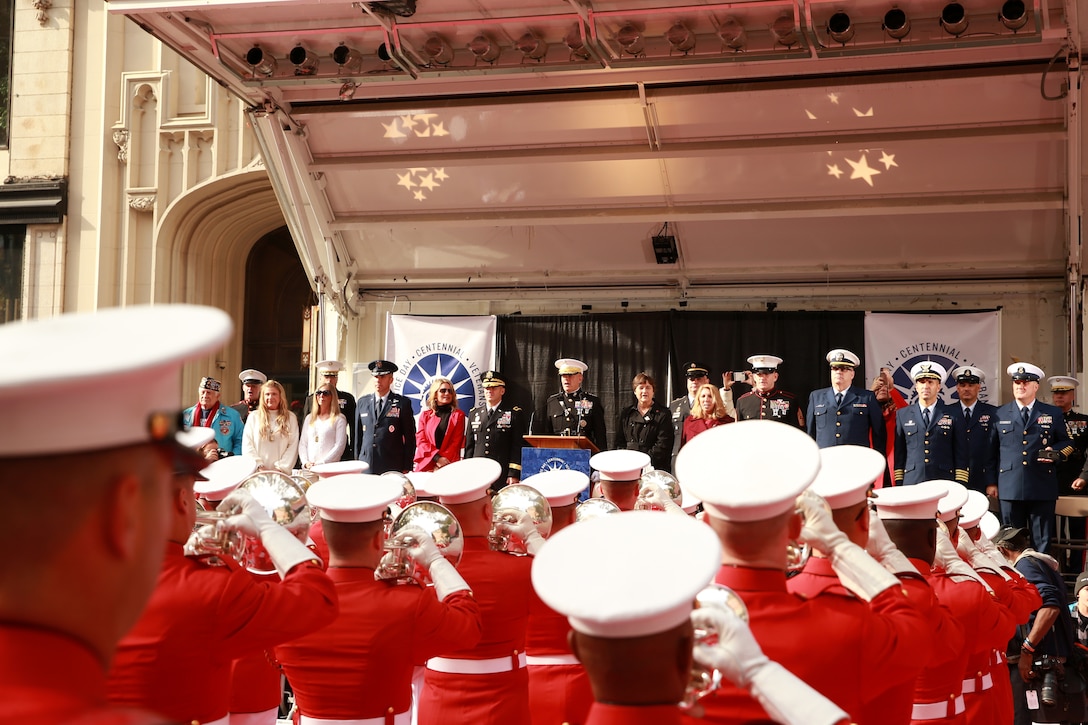 Marines with "The Commandant's Own," U.S. Marine Drum and Bugle Corps perform the "Marines' Hymn" during the 2019 Veteran's Day Parade in New York, New York, Nov. 11, 2019. The Veteran’s Day Parade is hosted annually to commemorate the service and sacrifice of service members and their families.