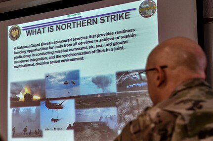 Command Sgt. Maj. Kevin Palmatier oversees Northern Strike 20's initial planning conference (IPC) Nov. 6, 2019. Participants from the Michigan National Guard, active and reserve components of the Army, Navy, Marines and Air Force and coalition partners from Great Britain, Lithuania and Latvia convened at Camp Grayling, Mich., for the IPC.