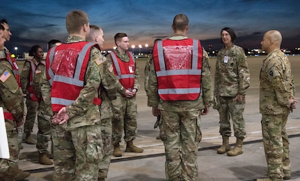 Brooke Army Medical Center Commanding General Brig. Gen. Wendy Harter speaks to military personnel at Joint Base San Antonio-Kelly Airfield during the U.S. Army Forces Command Emergency Deployment Readiness Exercise Nov. 4. The exercise tested BAMC staff’s ability to receive and provide definitive care to wartime trauma victims, as part of its Role IV wartime mission.