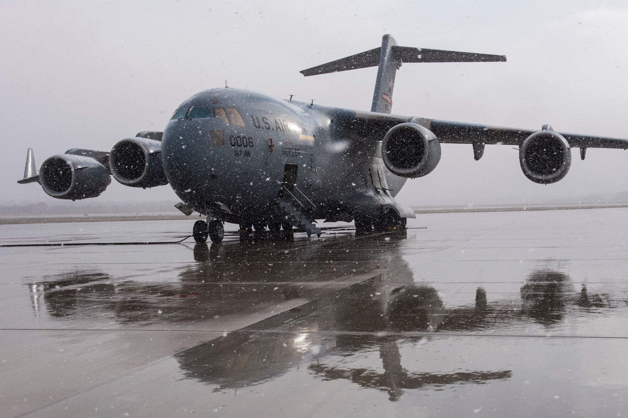 A 167th Airlift Wing C-17 Globemaster III aircraft sits onthe tarmac at the Combat Readiness Training Center in Alpena, Mich., Nov. 5, 2019. Approximately 300 members of the 167th Airlift Wing deployed to the training base, Nov. 3-7, for a full-scale readiness exercise. (U.S. Air National Guard photo by Senior Master Sgt. Emily Beightol-Deyerle)