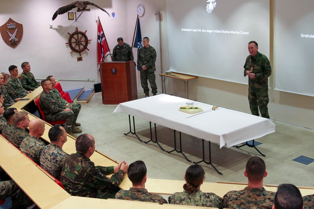 Norwegian Army Lt. Gen. Rune Jakobsen, commander, Norwegian Joint Headquarters (NJHQ), speaks to U.S. Marines and Sailors, service members of the Norwegian Armed Forces, NATO allies and partners during a ceremony commemorating the 244th U.S. Marine Corps Birthday at the NJHQ, Reitan, Norway, Nov. 10, 2019.  The group celebrated the U.S. Marine Corps’ warfighting history while sharing military traditions during a short pause in Exercise Trident Jupiter.  The exercise brings together NATO nations to assess their ability to conduct high-end, NATO-level mission planning and execution in a simulated scenario against a peer adversary. (Norwegian Army photo by Mads Bertelsen Reis)