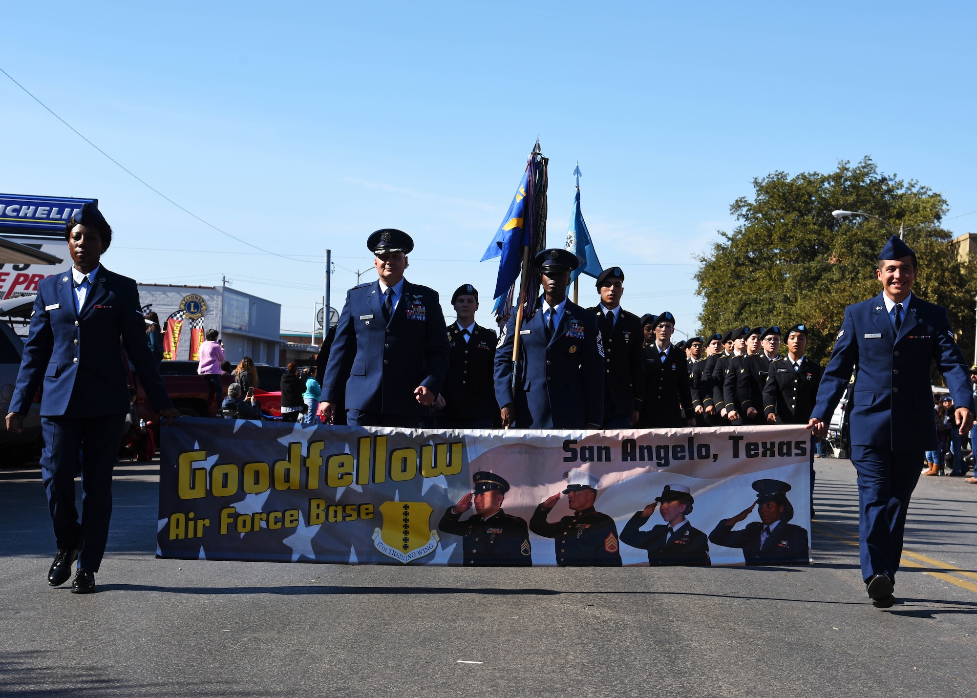 U.S. Air Force Col. Robert Ramirez and Chief Master Sgt. Lavor Kirkpatrick lead Goodfellow Air Force Base in the Veterans Day Parade in San Angelo, Texas, Nov. 9, 2019. Goodfellow Air Force Base was represented by various squadrons and joint service members. (U.S. Air Force photo by Airman 1st Class Ethan Sherwood/Released)