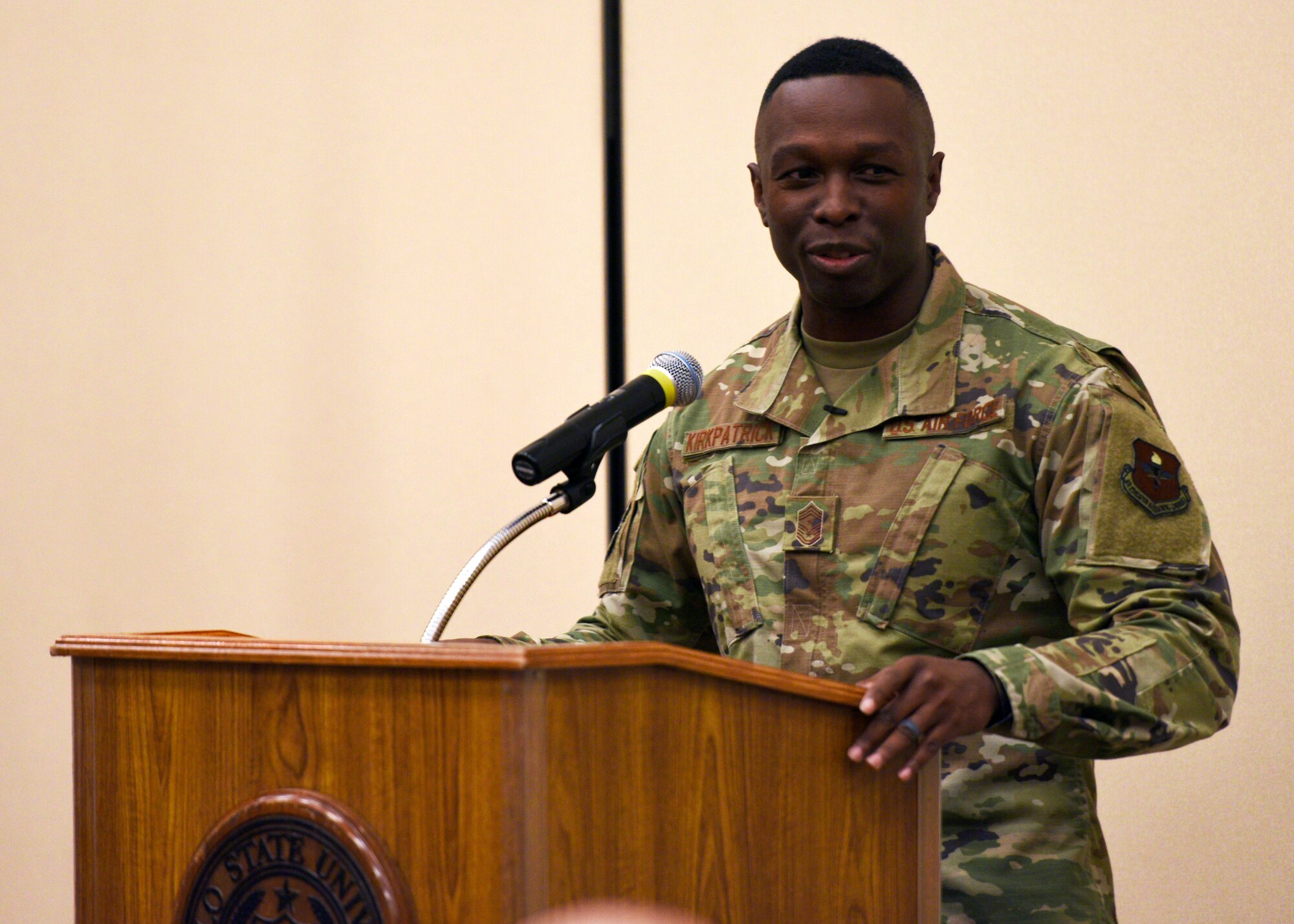 U.S. Air Force Chief Master Sgt. Lavor Kirkpatrick, 17th Training Wing command chief, speaks to honor veterans at Angelo State University in San Angelo, Texas, Nov. 11, 2019. Kirkpatrick spoke on the importance of honoring those who made the decision to serve in the military and thanked the veterans present for their service to our country. (U.S. Air Force photo by Airman 1st Class Robyn Hunsinger/Released)