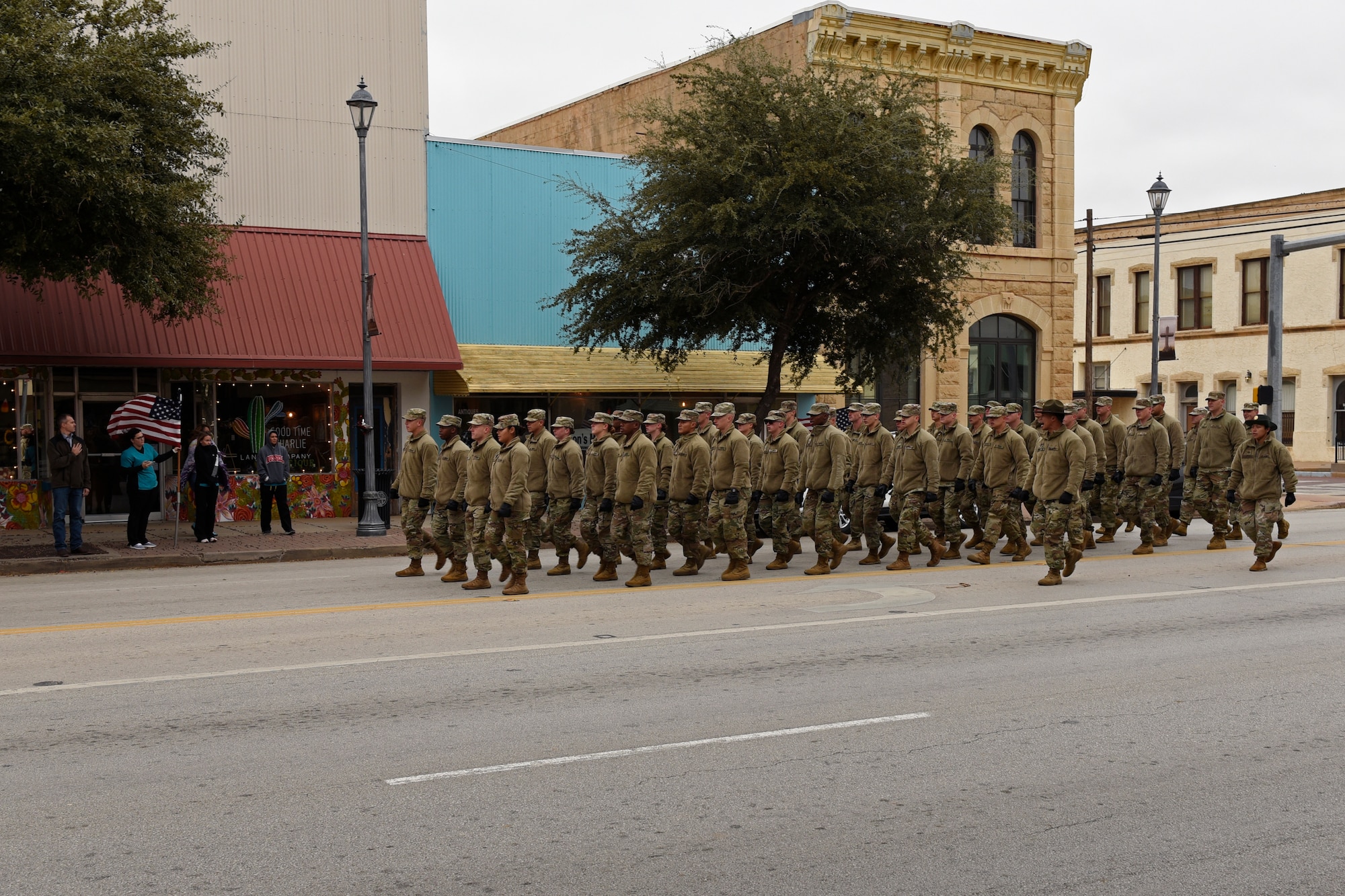 The 169th Engineering Detachment marches in the Veterans Day Parade in Ballinger, Texas, Nov. 11, 2019. The town of Ballinger hosted a parade featuring local groups along with the Army and Navy. (U.S. Air Force photo by Airman 1st Class Zachary Chapman/Released)