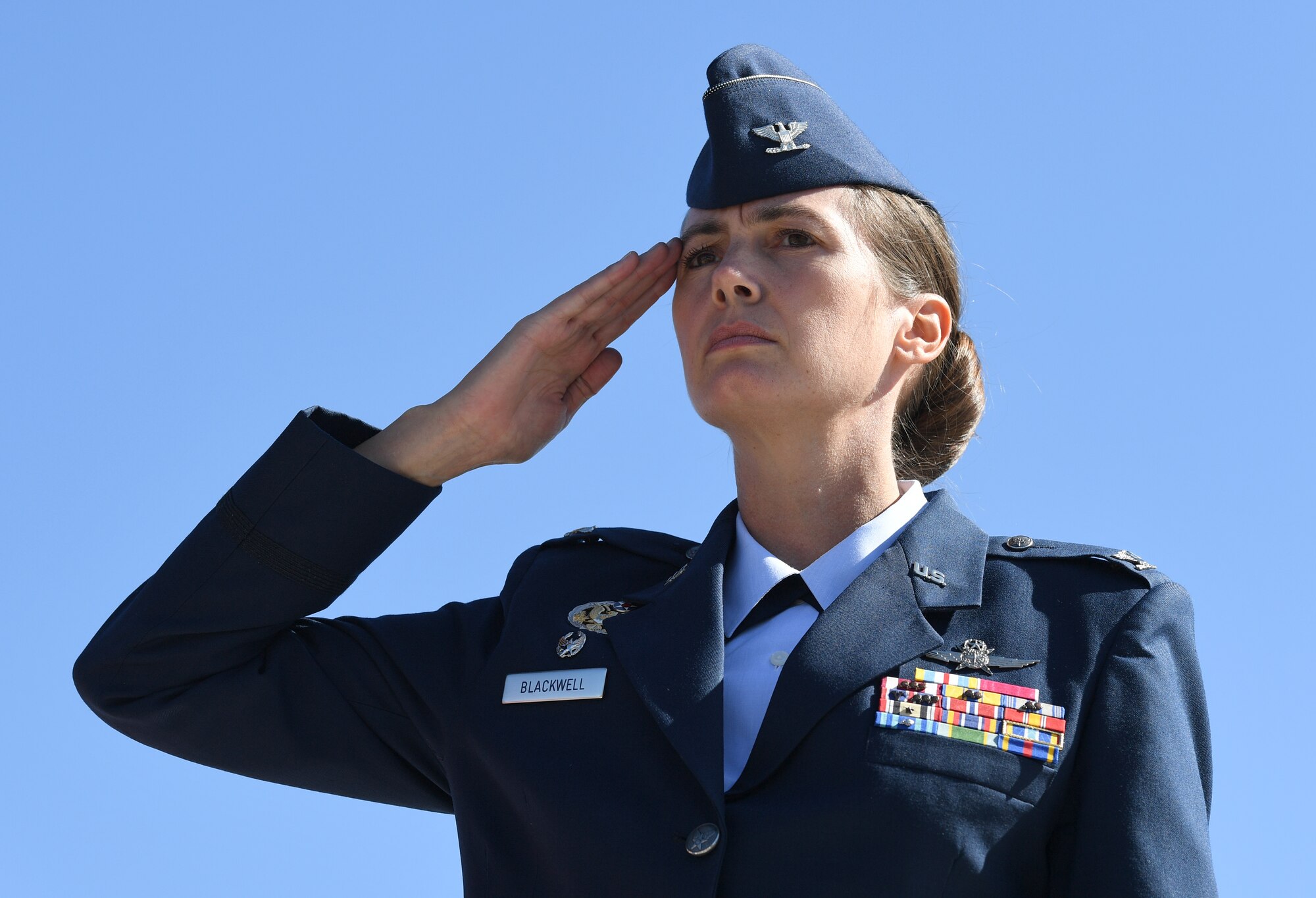 U.S. Air Force Col. Heather Blackwell, 81st Training Wing commander, renders a salute during the 19th Annual Gulf Coast Veterans Day Parade in DíIberville, Mississippi, Nov. 9, 2019. Keesler Air Force Base leadership, along with hundreds of Airmen, attended and participated in the parade in support of all veterans past and present. More than 70 unique floats, marching bands and military units marched in the largest Veterans Day parade on the Gulf Coast. (U.S. Air Force photo by Kemberly Groue)