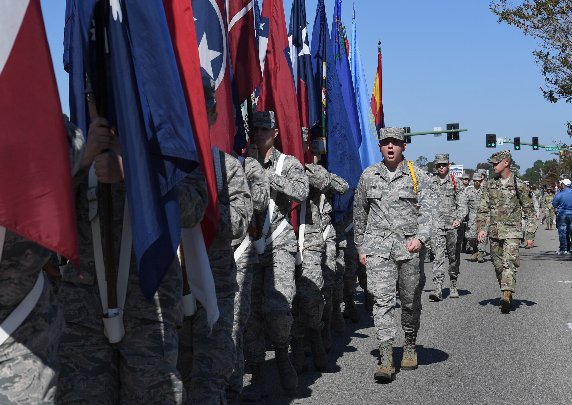 Airmen from the 81st Training Group carrying the 50 state flags march in the 19th Annual Gulf Coast Veterans Day Parade in DíIberville, Mississippi, Nov. 9, 2019. Keesler Air Force Base leadership, along with hundreds of Airmen, attended and participated in the parade in support of all veterans past and present. More than 70 unique floats, marching bands and military units marched in the largest Veterans Day parade on the Gulf Coast. (U.S. Air Force photo by Kemberly Groue)