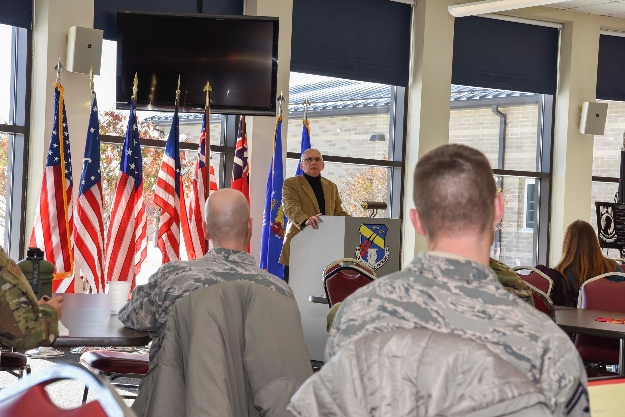 Col. James Locke, 128th Air Refueling Wing Commander, and Daniel Benavides, LCSW licensed clinical social worker from Summit Psychology Clinic, were presented with an ‘Achievement of Excellence in Wingman Care’ award here Milwaukee, Nov. 12, 2019. The 128th Air Refueling Wing hosted the Bi-Annual Community Commanders Call on behalf of Zablocki Veterans Affairs and Milwaukee Vet Center 12 Nov. 2019 at Sijan Hall, General Mitchell Air National Guard Base