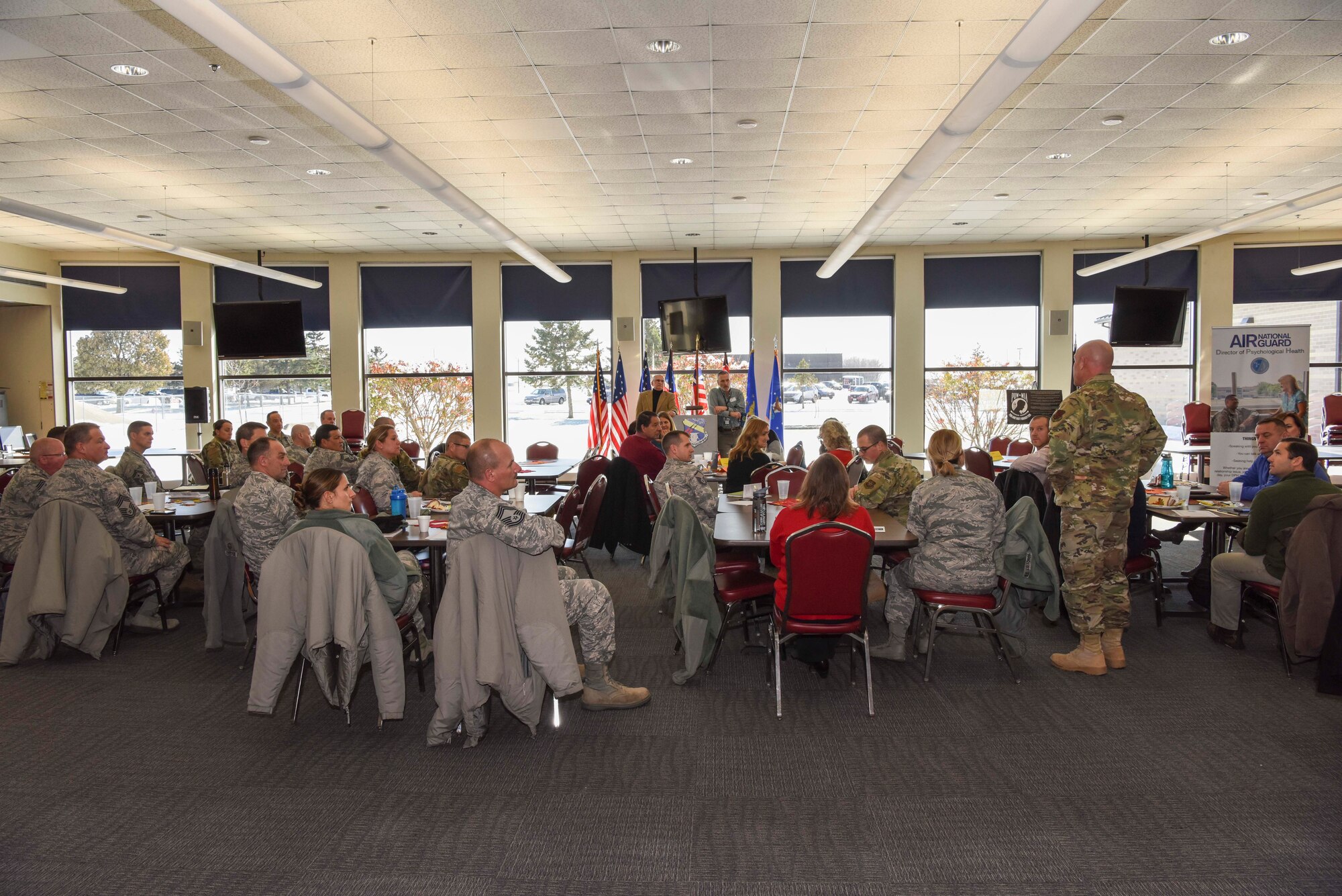 Col. James Locke, 128th Air Refueling Wing Commander, and Daniel Benavides, LCSW licensed clinical social worker from Summit Psychology Clinic, were presented with an ‘Achievement of Excellence in Wingman Care’ award here Milwaukee, Nov. 12, 2019. The 128th Air Refueling Wing hosted the Bi-Annual Community Commanders Call on behalf of Zablocki Veterans Affairs and Milwaukee Vet Center 12 Nov. 2019 at Sijan Hall, General Mitchell Air National Guard Base