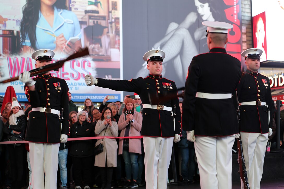 The Marines from the Battle Color Detachment, Marine Barracks Washington D.C., performed at Times Square in honor of the Marine Corps’ 244th Birthday.