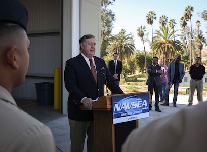 Congressman Ken Calvert speaks at the OM&S Warehouse ribbon-cutting ceremony at Naval Surface Warfare Center, Corona Division on Nov. 8.
